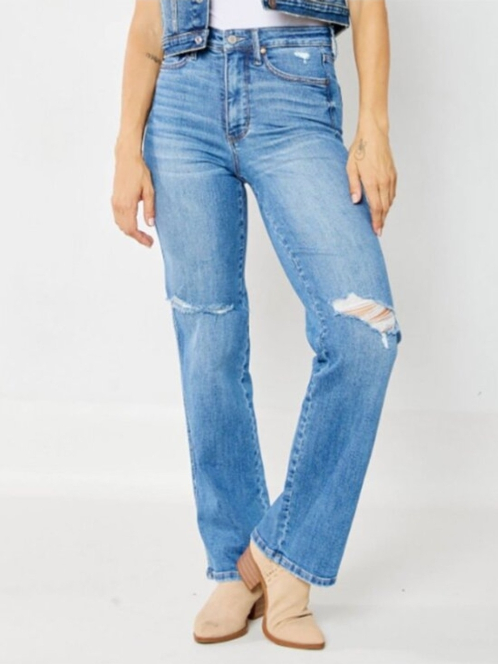 Judy Blue High Rise Straight-Leg Jeans Tummy Control Distressed Womens 9/29